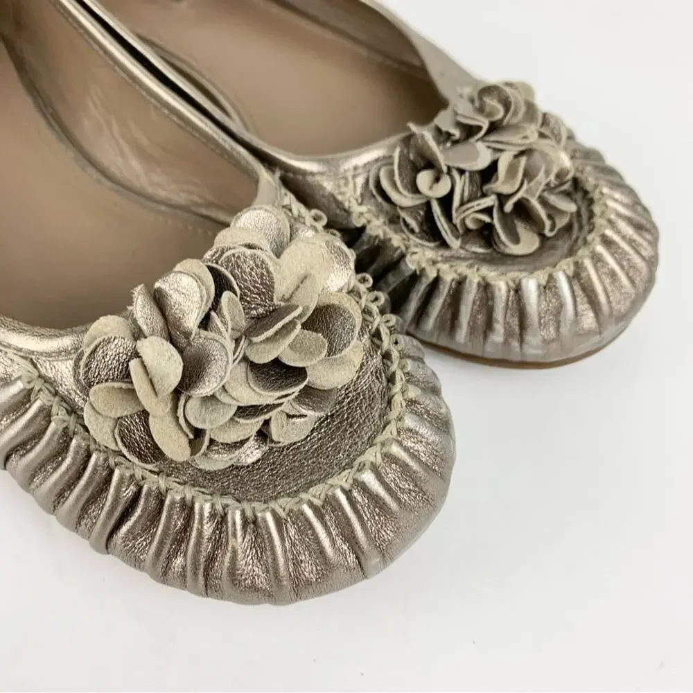Ecco Metallic Silver Gold Leather Floral Ballet Slip On Flats 40